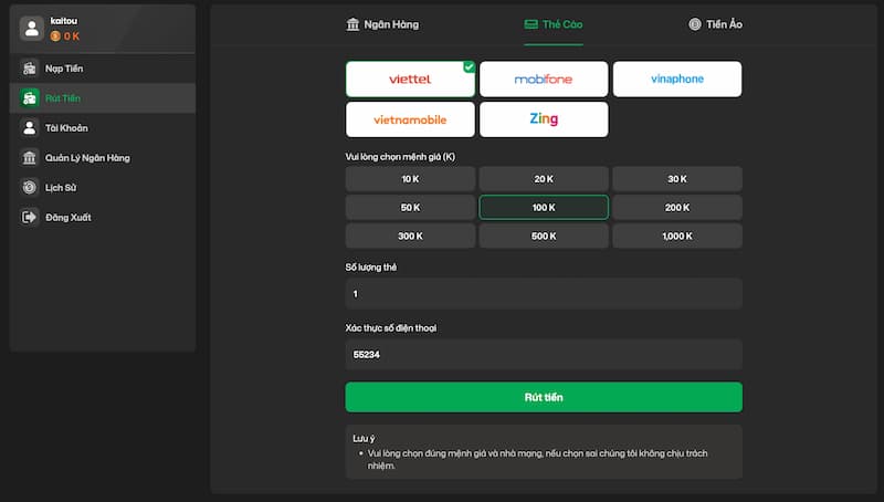 Các bước rút thưởng qua thẻ cào 