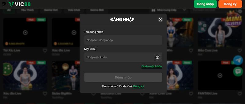 Thao tác login Vic88 