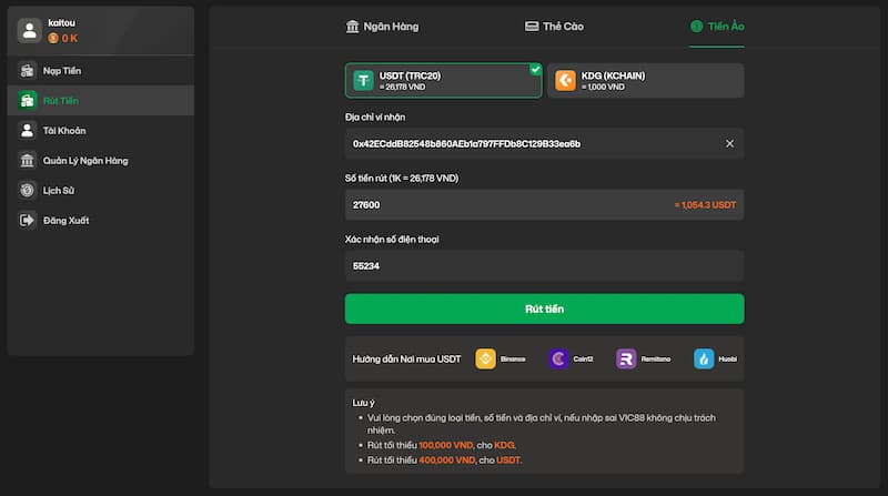 Thủ tục rút thưởng Vic88 qua tiền ảo 